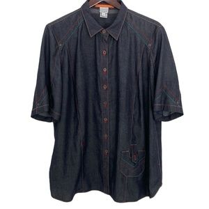 Alain Weiz Dark Blue Denim Print Button Down Shortsleeved Shirt